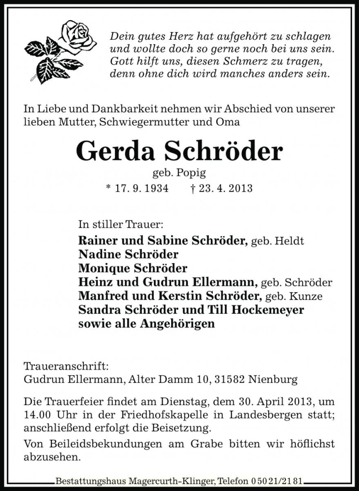 Traueranzeigen Von Gerda Schröder 