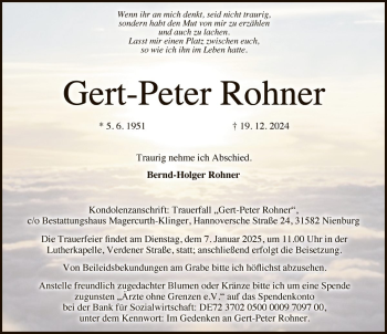 Traueranzeige von Gert-Peter Rohner von Die Harke