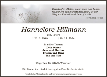 Traueranzeige von Hannelore Hillmann von Die Harke