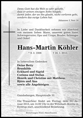 Traueranzeige von Hans-Martin Köhler von Die Harke