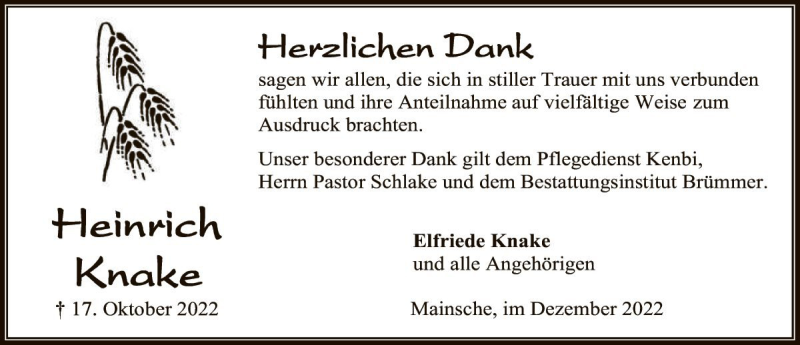 Traueranzeigen Von Heinrich Knake 