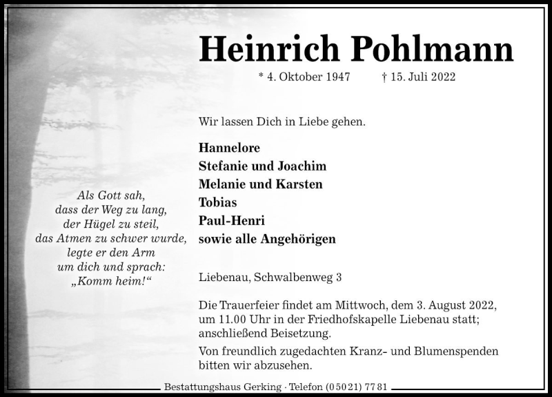 Traueranzeigen Von Heinrich Pohlman 