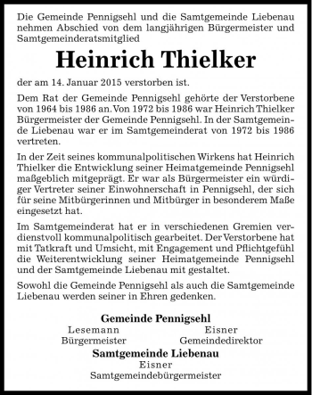 Traueranzeige von Heinrich Thielker von Die Harke