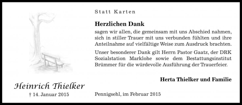  Traueranzeige für Heinrich Thielker vom 16.03.2016 aus Die Harke