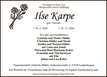 Traueranzeige von Ilse Karpe von Die Harke