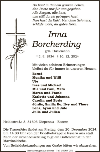 Traueranzeige von Irma Borcherding von Die Harke