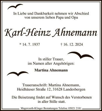 Traueranzeige von Karl-Heinz Ahnemann von Die Harke