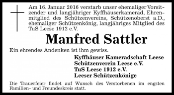 Traueranzeige von Manfred Sattler von Die Harke