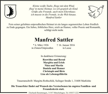 Traueranzeige von Manfred Sattler von Die Harke