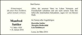 Traueranzeige von Manfred Sattler von Die Harke