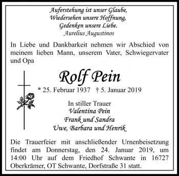 Traueranzeige von Rolf Pein von Die Harke