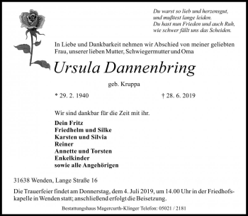 Traueranzeige von Ursula Dannenbring von Die Harke