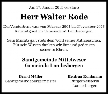 Traueranzeige von Walter Rode von Die Harke