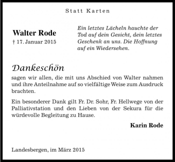 Traueranzeige von Walter Rode von Die Harke