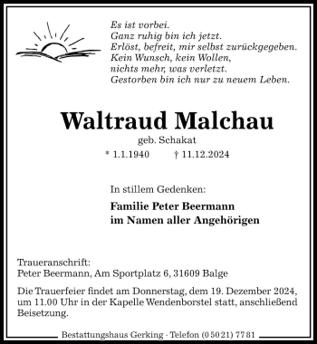 Traueranzeige von Waltraud Malchau von Die Harke