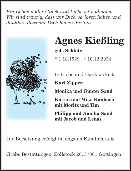 Traueranzeige von Agnes Kießling von Göttinger Tageblatt