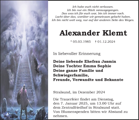 Traueranzeige von Alexander Klemt von Ostsee-Zeitung GmbH