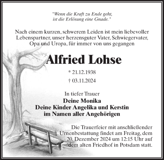 Traueranzeige von Alfried Lohse von Märkischen Allgemeine Zeitung