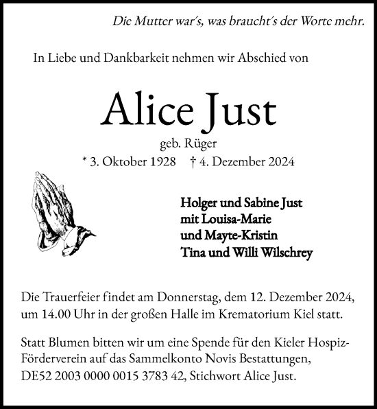 Traueranzeige von Alice Just von Kieler Nachrichten