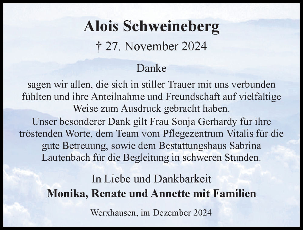  Traueranzeige für Alois Schweineberg vom 21.12.2024 aus Eichsfelder Tageblatt