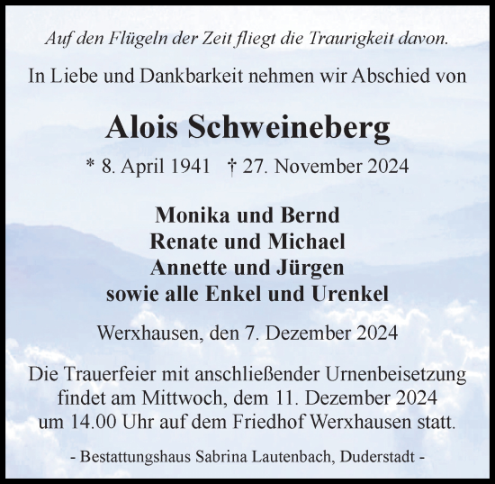 Traueranzeige von Alois Schweineberg von Eichsfelder Tageblatt