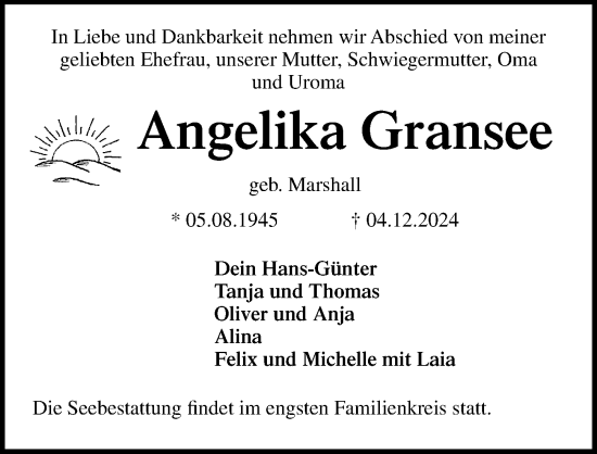 Traueranzeige von Angelika Gransee von Lübecker Nachrichten