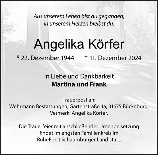 Traueranzeige von Angelika Körfer von Schaumburger Nachrichten