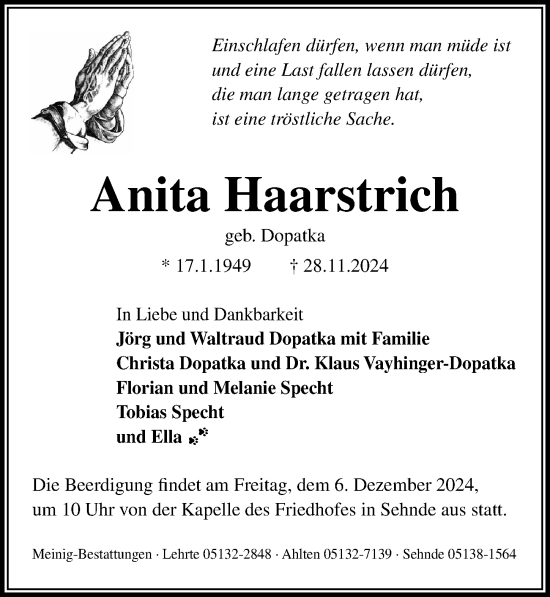 Traueranzeige von Anita Haarstrich von Hannoversche Allgemeine Zeitung/Neue Presse