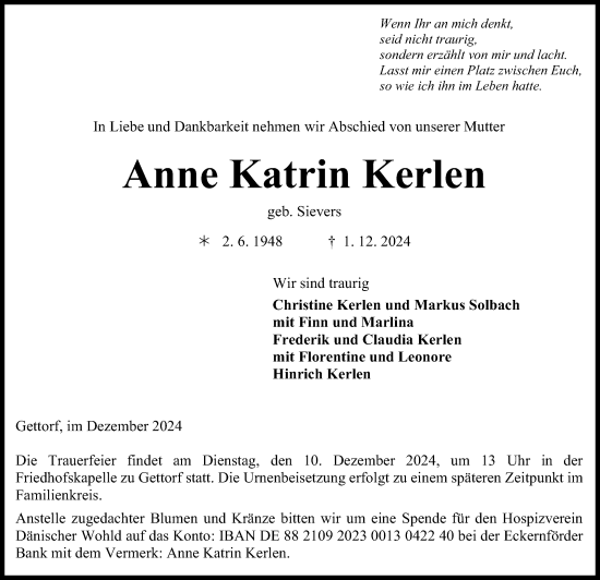 Traueranzeige von Anne Katrin Kerlen von Kieler Nachrichten