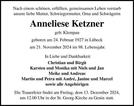 Traueranzeige von Anneliese Ketzner von Lübecker Nachrichten