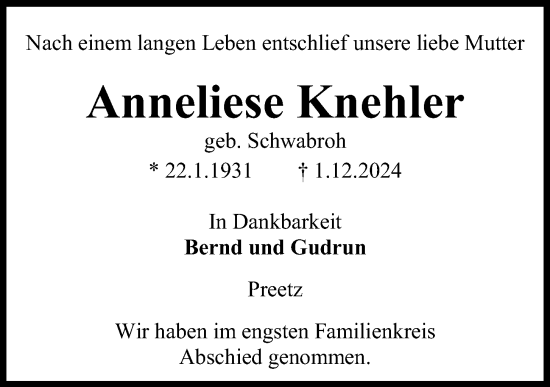 Traueranzeige von Anneliese Knehler von Kieler Nachrichten