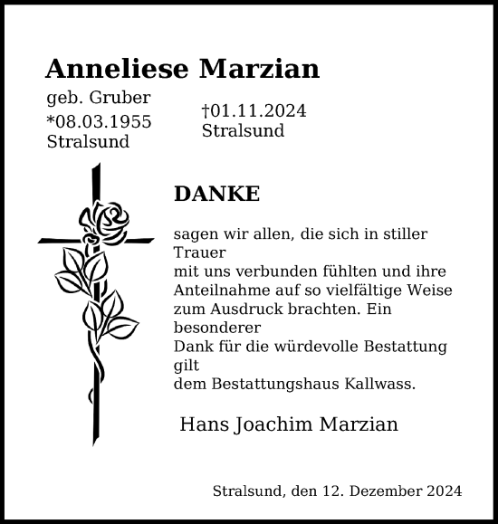 Traueranzeige von Anneliese Marzian von Ostsee-Zeitung GmbH