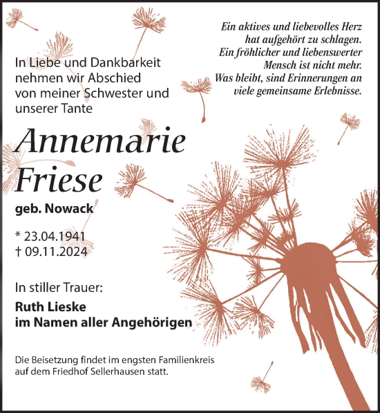 Traueranzeige von Annemarie Friese von Leipziger Volkszeitung