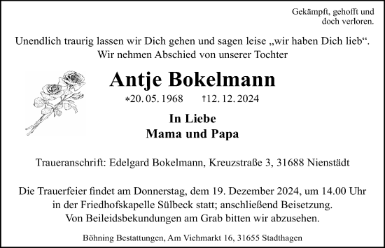 Traueranzeige von Antje Bokelmann von Schaumburger Nachrichten