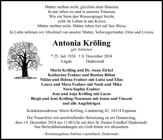 Traueranzeige von Antonia Kröling von Eichsfelder Tageblatt