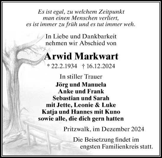 Traueranzeige von Arwid Markwart von Wochenspiegel