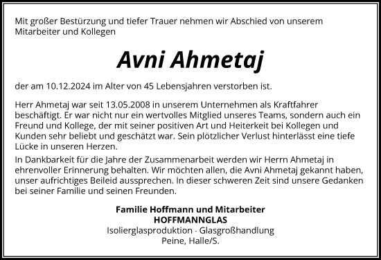 Traueranzeige von Avni Ahmetaj von Peiner Allgemeine Zeitung