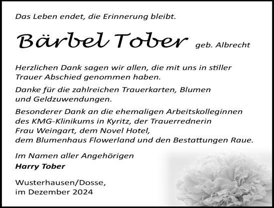 Traueranzeige von Bärbel Tober