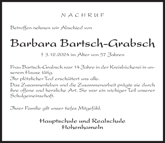 Traueranzeige von Barbara Bartsch-Grabsch von Peiner Allgemeine Zeitung