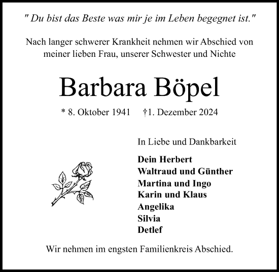 Traueranzeige von Barbara Böpel von Kieler Nachrichten