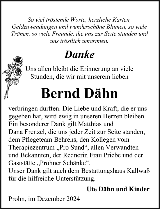 Traueranzeige von Bernd Dähn von Ostsee-Zeitung GmbH