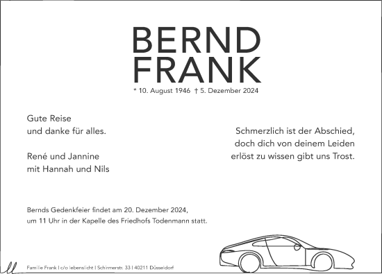 Traueranzeige von Bernd Frank von Schaumburger Nachrichten und Schaumburger Zeitung/ Landes-Zeitung