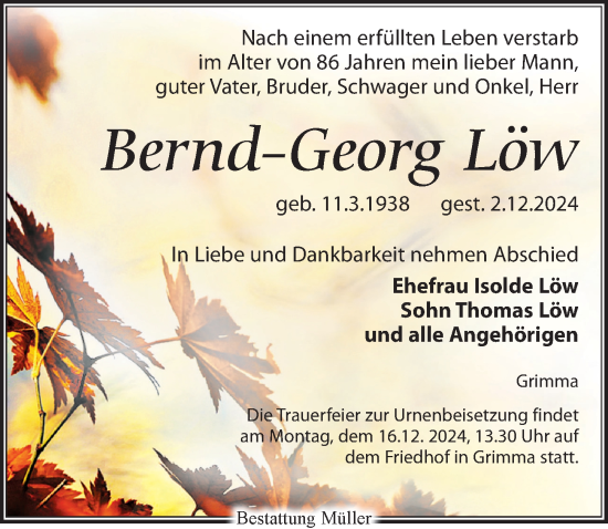 Traueranzeige von Bernd-Georg Löw von Leipziger Volkszeitung