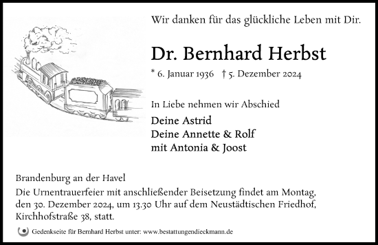 Traueranzeige von Bernhard Herbst von Märkischen Allgemeine Zeitung