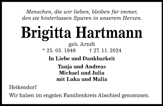 Traueranzeige von Brigitta Hartmann von Kieler Nachrichten