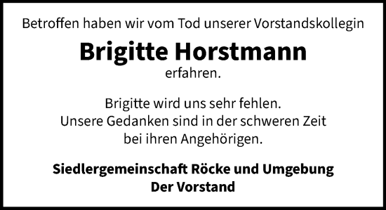 Traueranzeige von Brigitte Horstmann von Schaumburger Nachrichten und Schaumburger Zeitung/ Landes-Zeitung