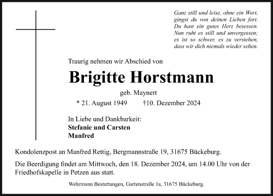 Traueranzeige von Brigitte Horstmann von Schaumburger Nachrichten