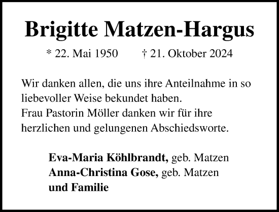 Traueranzeige von Brigitte Matzen-Hargus von Lübecker Nachrichten