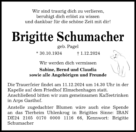 Traueranzeige von Brigitte Schumacher von Kieler Nachrichten