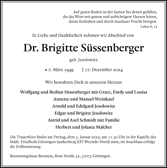 Traueranzeige von Brigitte Süssenberger von Göttinger Tageblatt